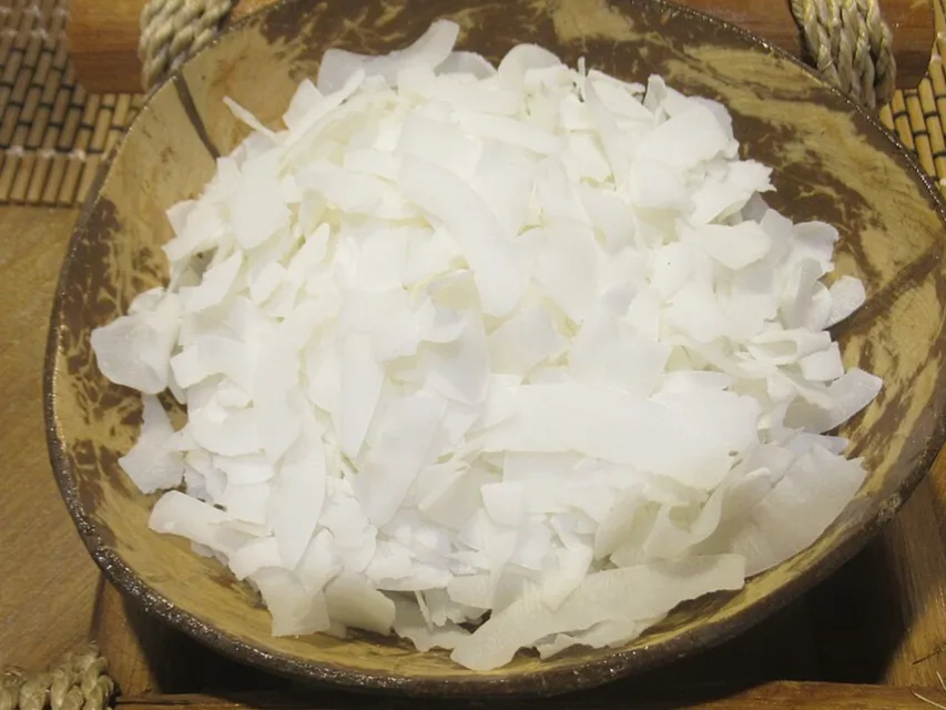 Dried coconut flakes in a coconut shell bowl